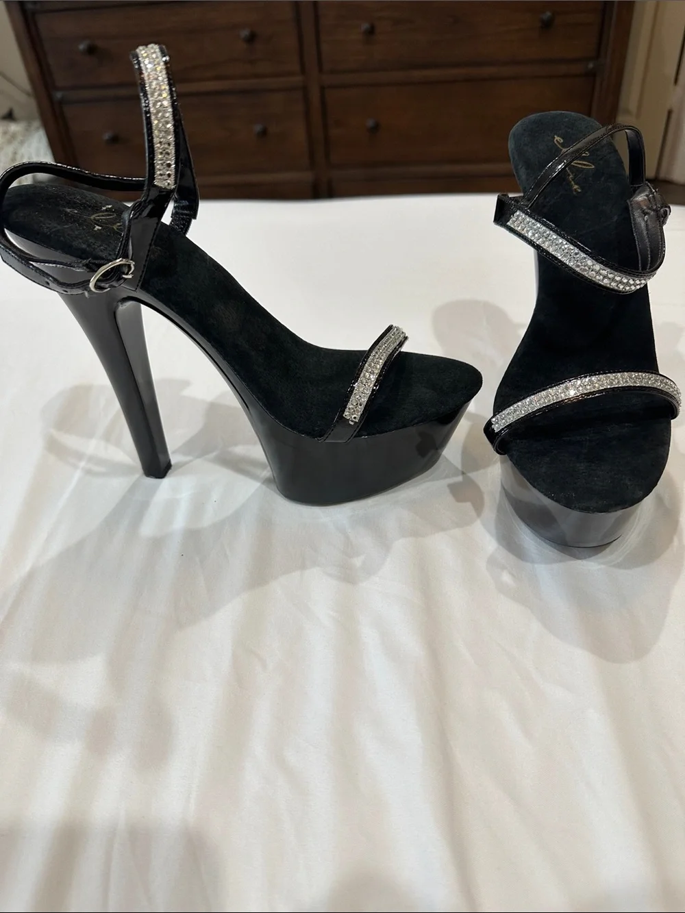 Ellie Black Platform Sandals with Crystal Straps- size 9